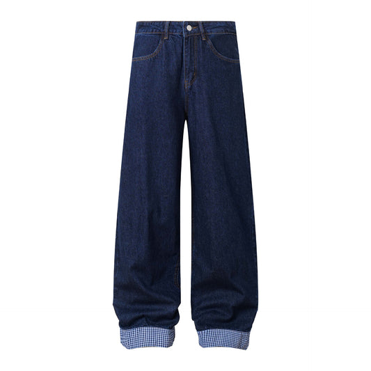 Unisex Color Block Embroidery Denim Pants - Loose Wide Leg Trousers