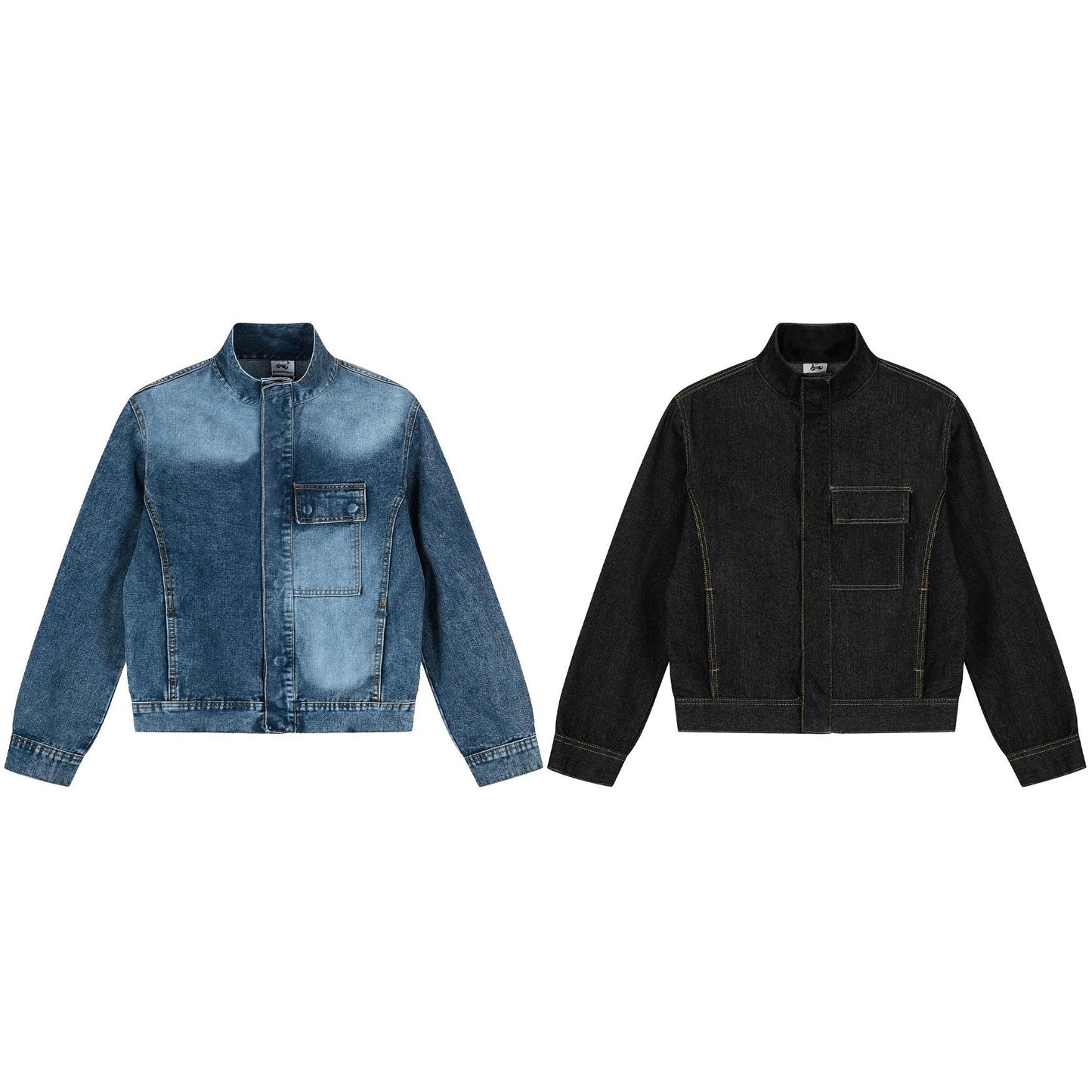 Vintage Washed Denim Jacket with Stand-Up Collar