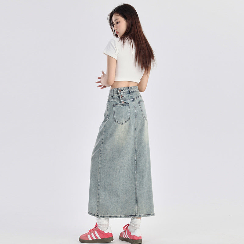 Orange Silk Women's Slit Denim Mini Skirt High Waist American Retro A-Line Skirt