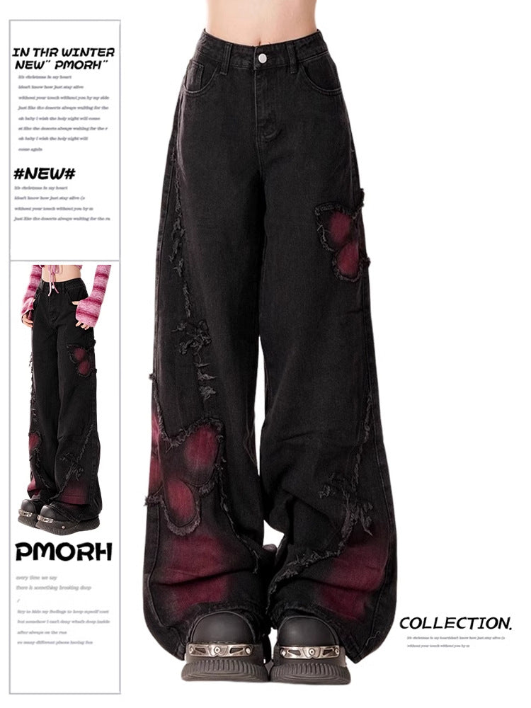 Washed Distressed Wide Leg Pants with Butterfly Pattern
