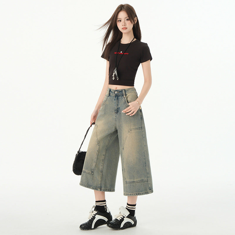 High-Waisted Women's Denim Pants - Vintage Loose Wide-Leg Cropped Style
