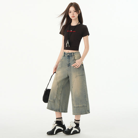 High-Waisted Women's Denim Pants - Vintage Loose Wide-Leg Cropped Style
