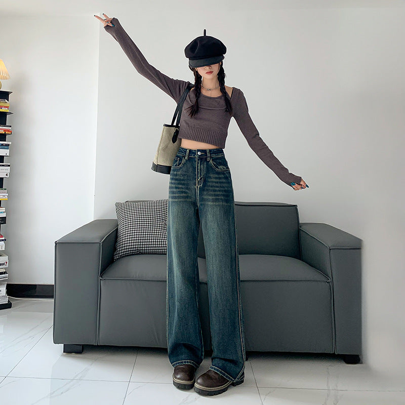 Women's Loose Comfortable Straight Wide-Leg Trousers Soft Denim Pants