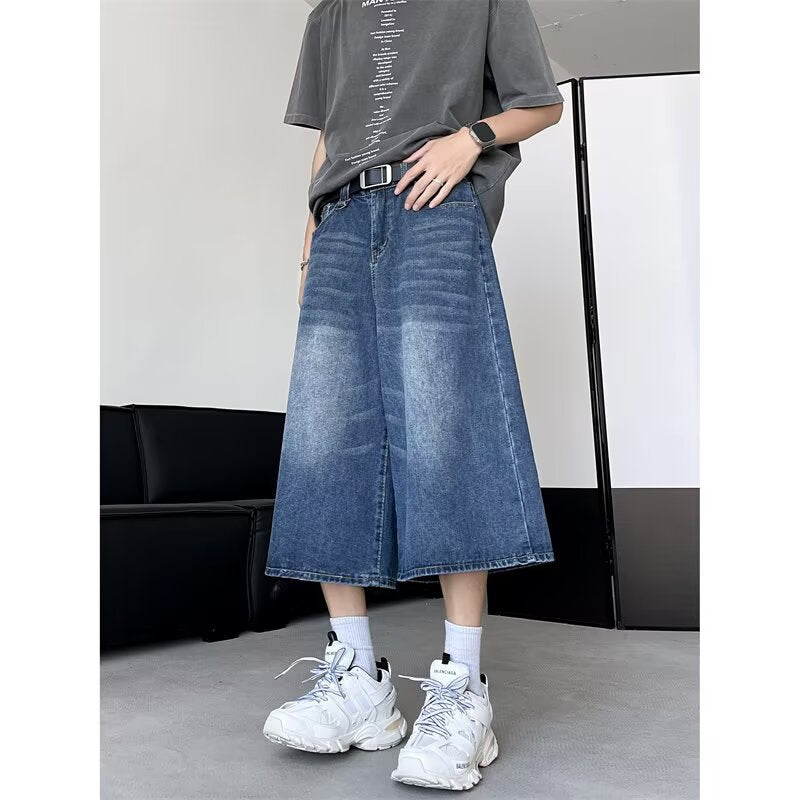 Retro Washed Wide Leg Seven Quarter Jeans for Men