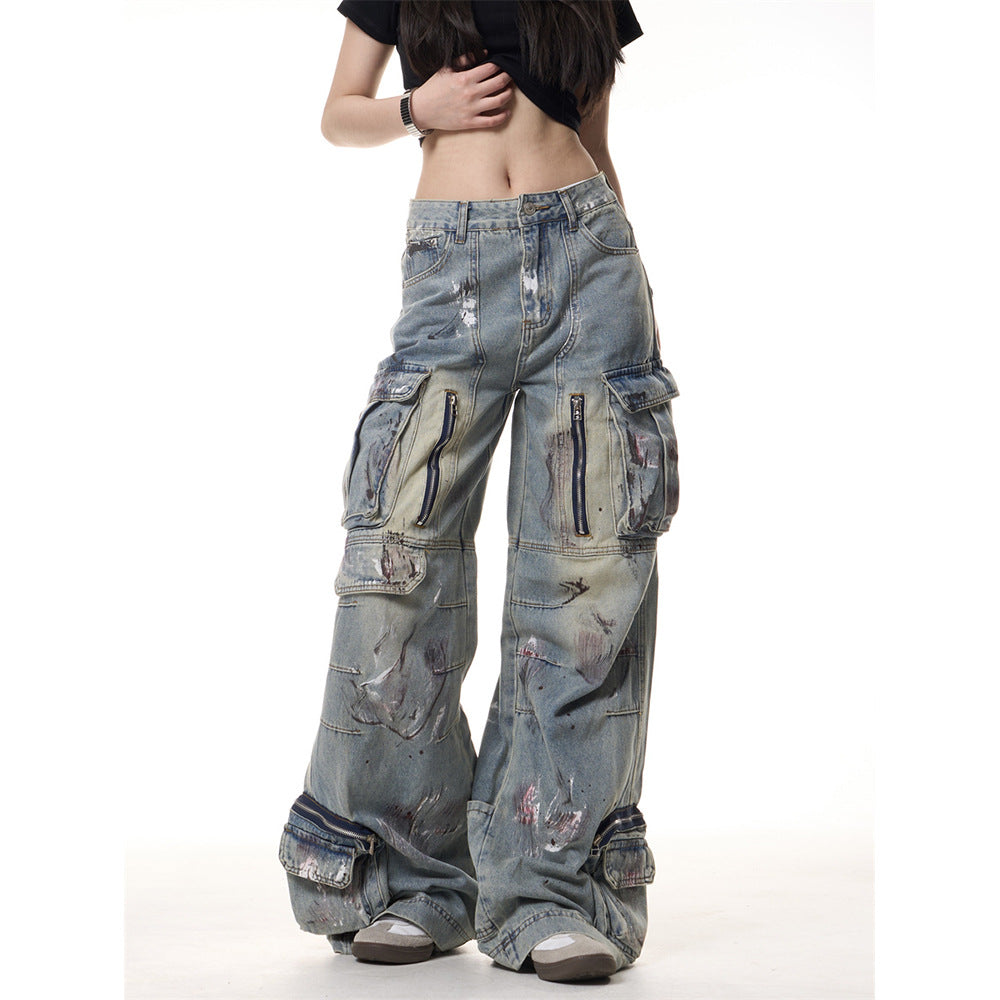 Graffiti Multi Pocket Wide Leg Jeans