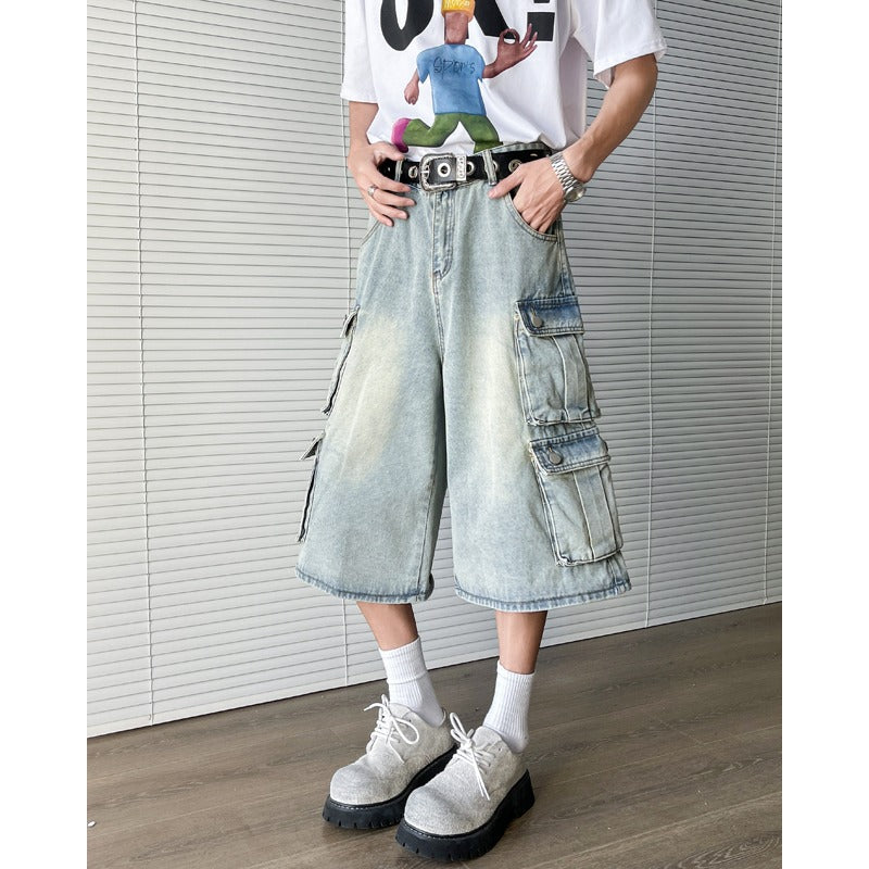Retro Distressed Wide Leg Seven Quarter Pants