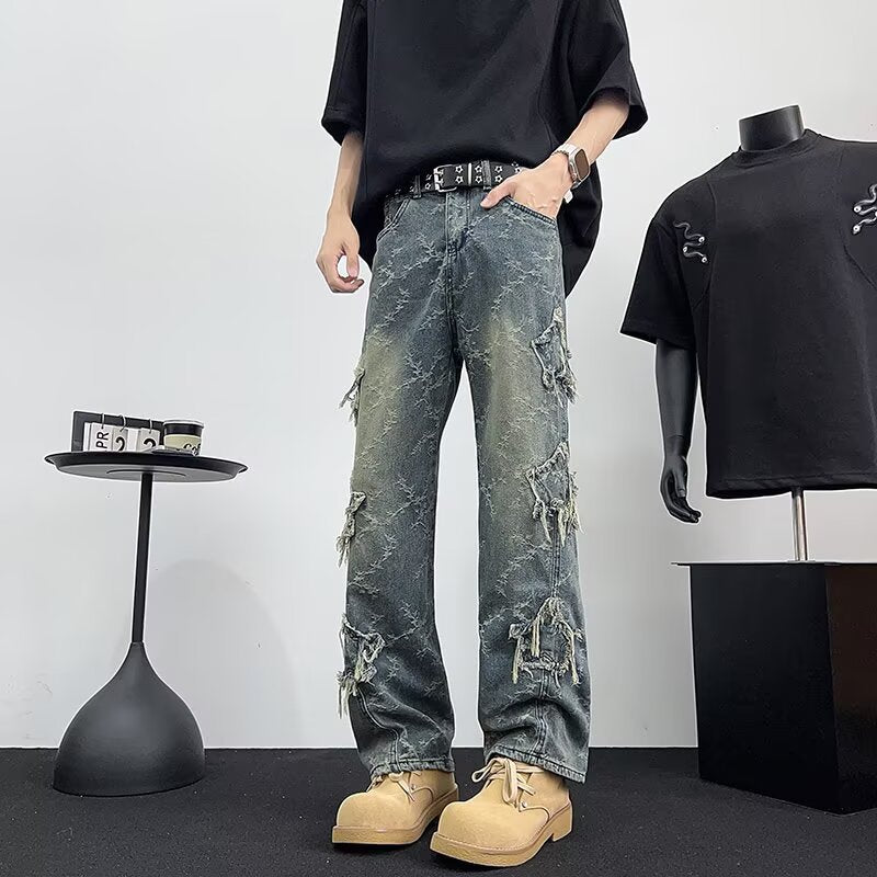 Star Jacquard Fringed Jeans - Premium Japanese Denim