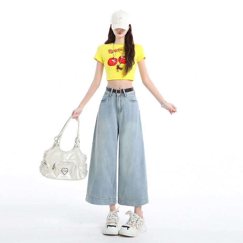 Light Blue Loose Straight Leg Cropped Ice Silk Wide Leg Pants for Women