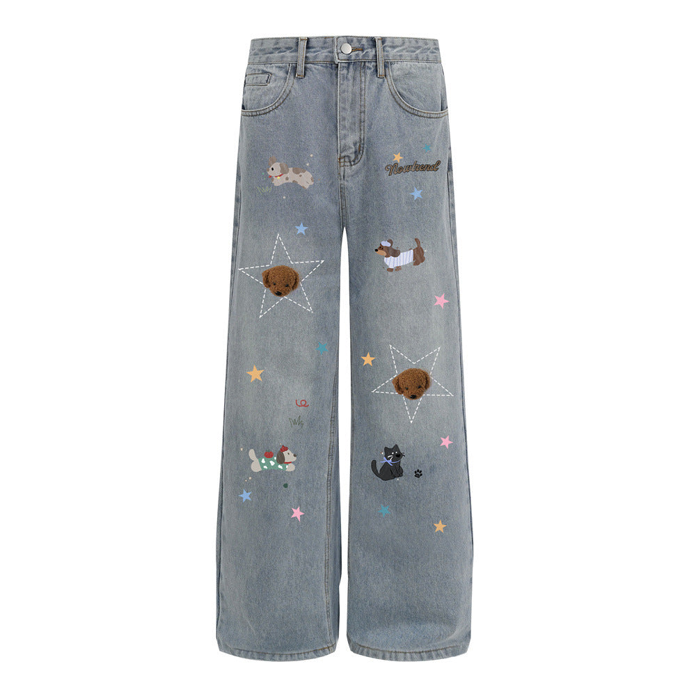 Cartoon Print Vintage Denim Pants — Mid Waist Loose Fit Streetwear