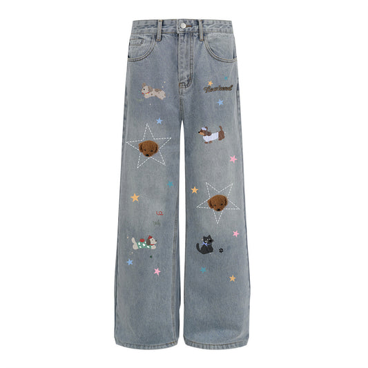 Cartoon Print Vintage Denim Pants — Mid Waist Loose Fit Streetwear
