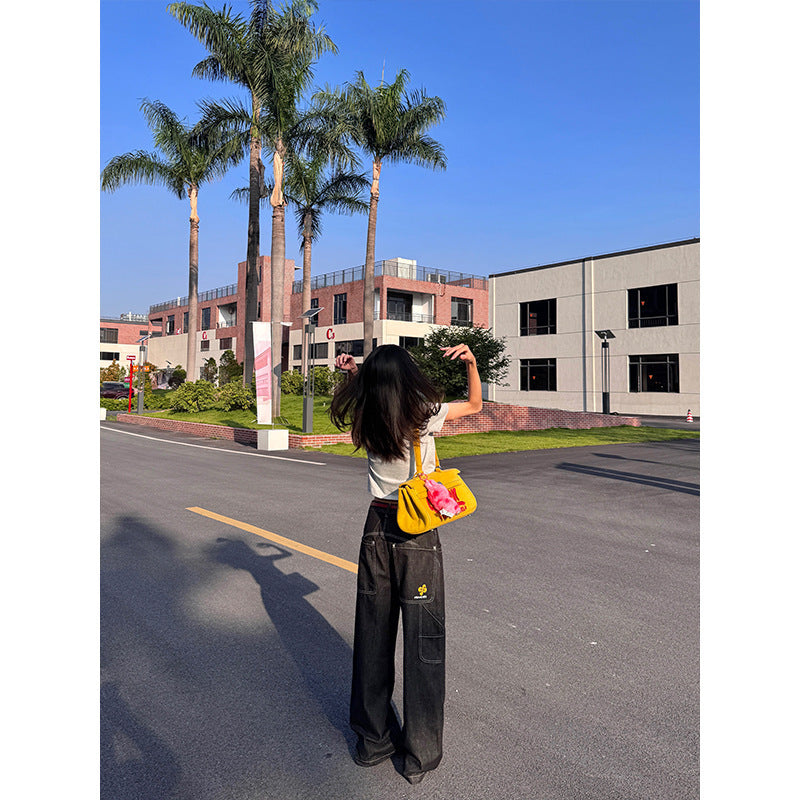 Embroidered Oversized Raw Denim Pants Unisex - Loose Straight Leg