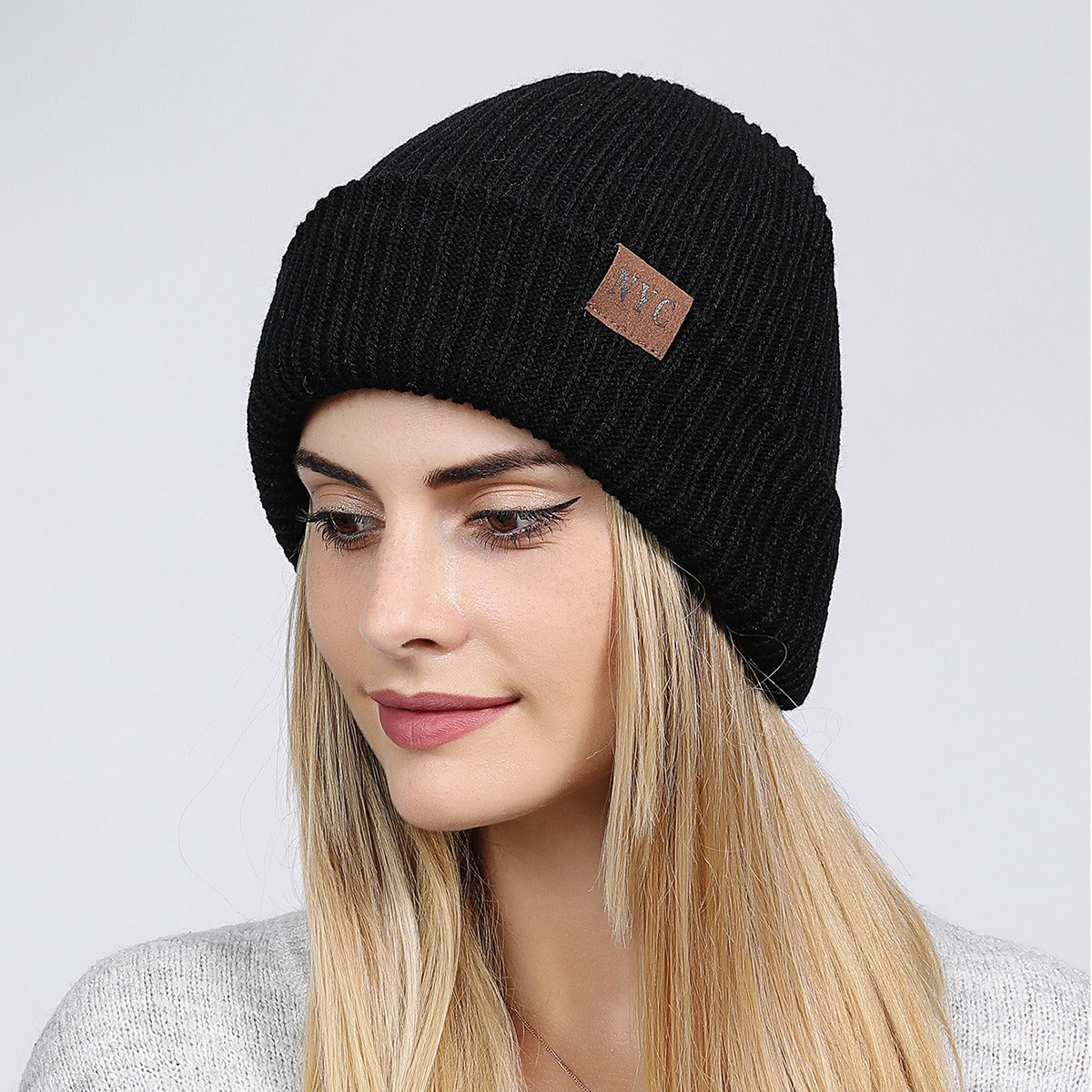 General Solid Color Flip Edge Warm Windproof Knitted Cap