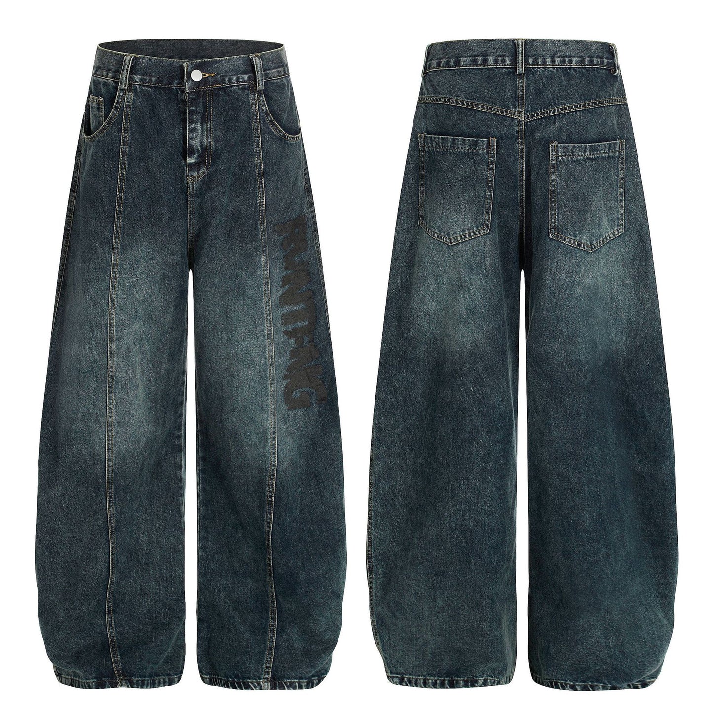 Tapered Denim Long Pants with Washed Print in