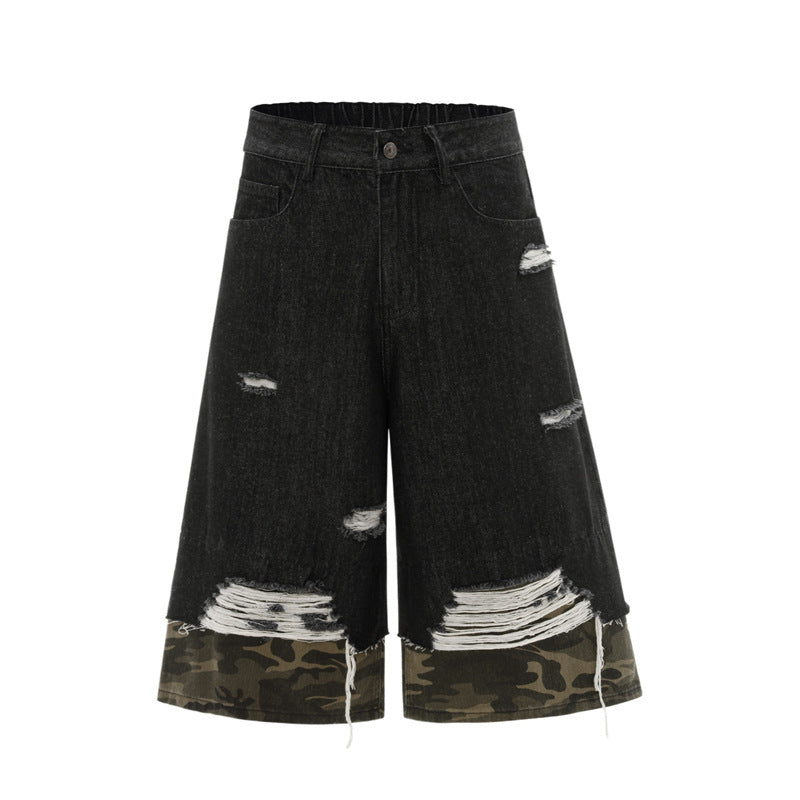 Unisex Oversized Distressed Camouflage Denim Three-Quarter Pants