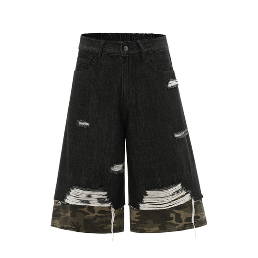 Unisex Oversized Distressed Camouflage Denim Three-Quarter Pants