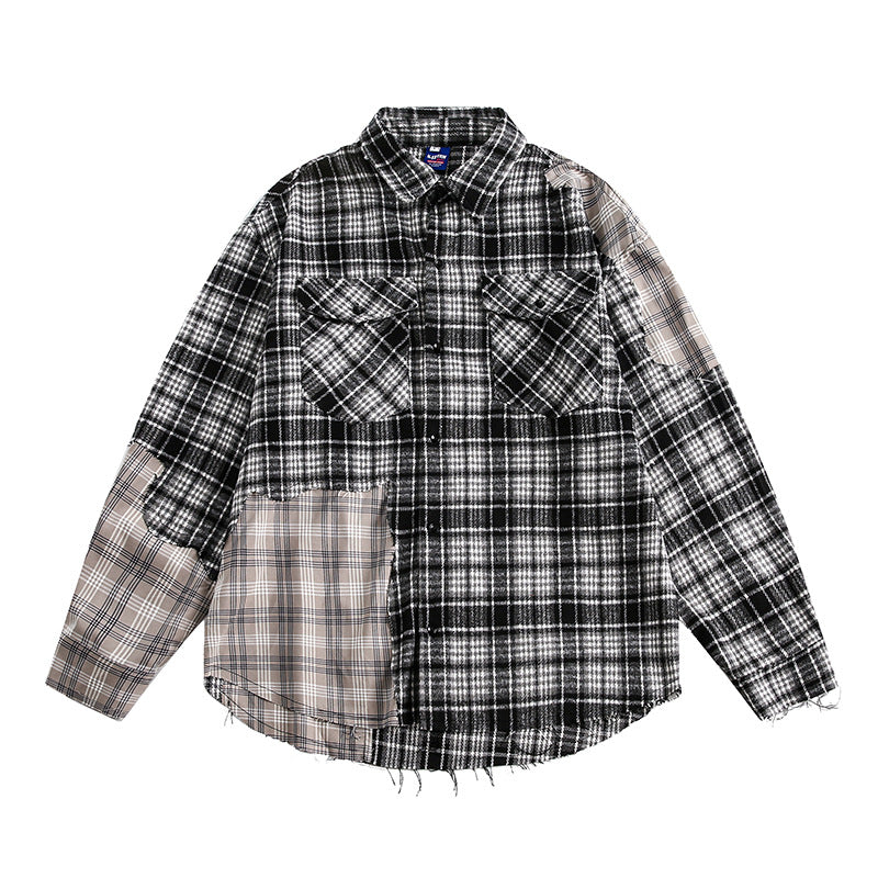 Splicing Plaid Fringed Long Sleeved Shirt for Men and Women