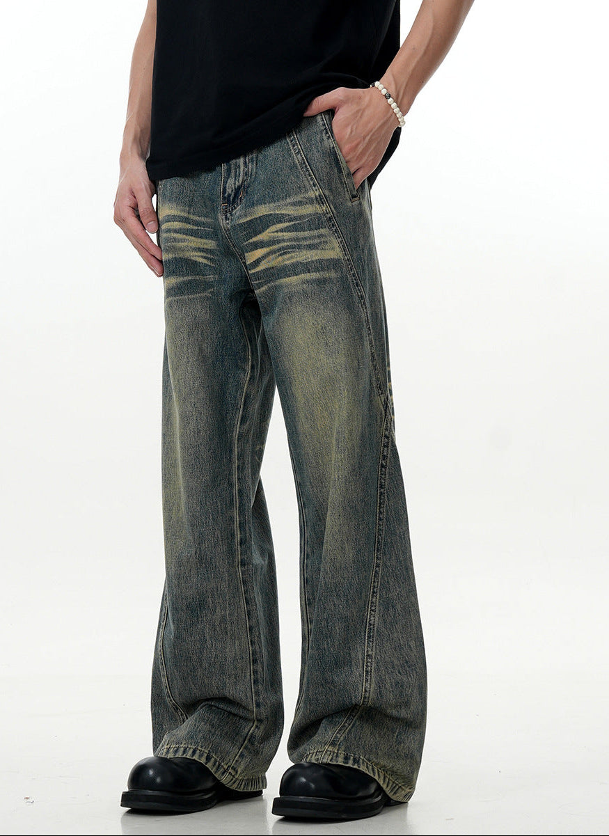 Blue Flared Jeans with Deconstructed Design - Faded  Slim Straight Casual Long Pants