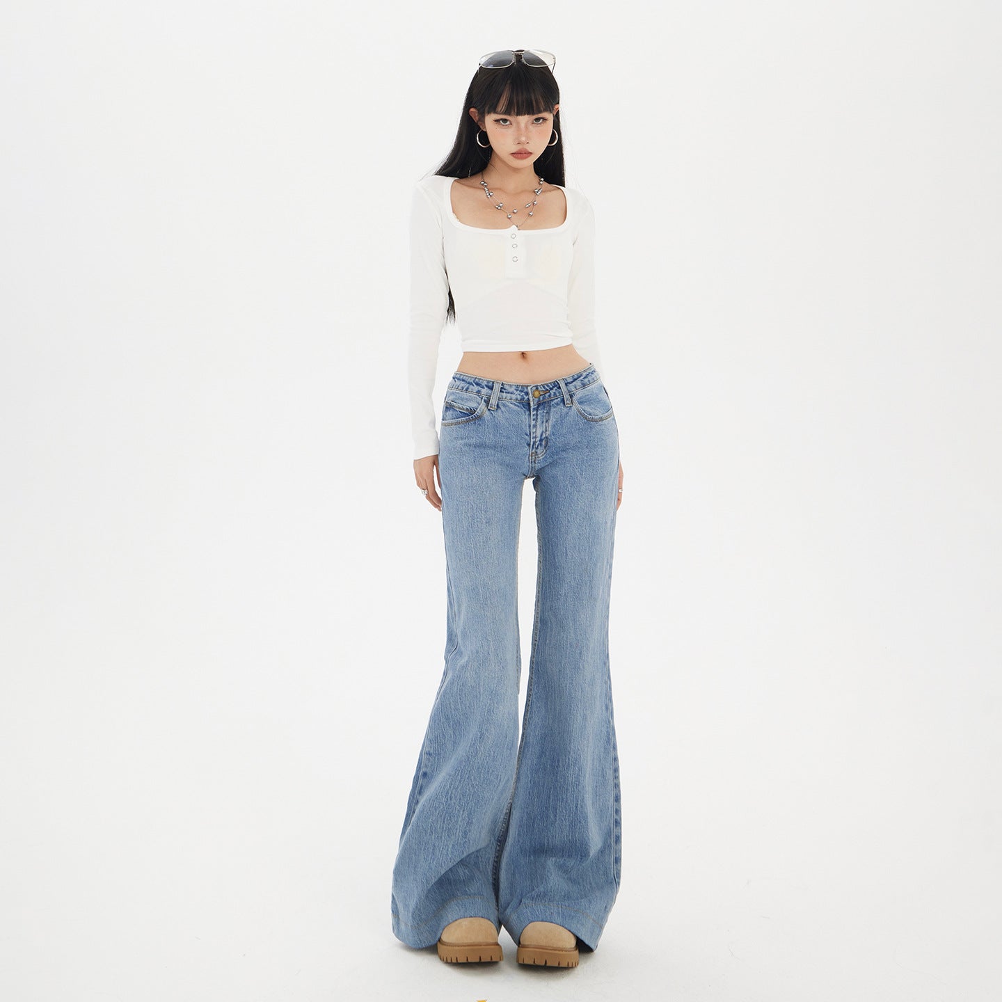 Women's Low Waist Flared Denim Pants - Slimming Elastic Floor-Length Trousers