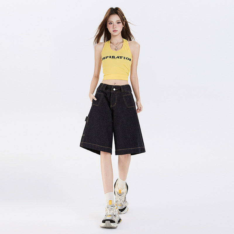 Color-Blocked Denim Pants for Women Casual Loose Straight Leg Capri Pants