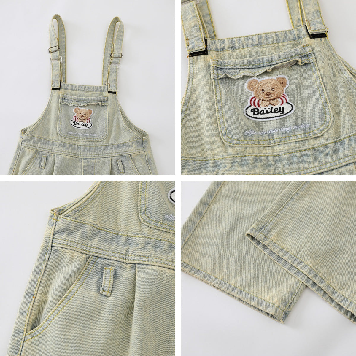 Embroidered Denim Overalls - Washed Straight Leg Jumpsuit