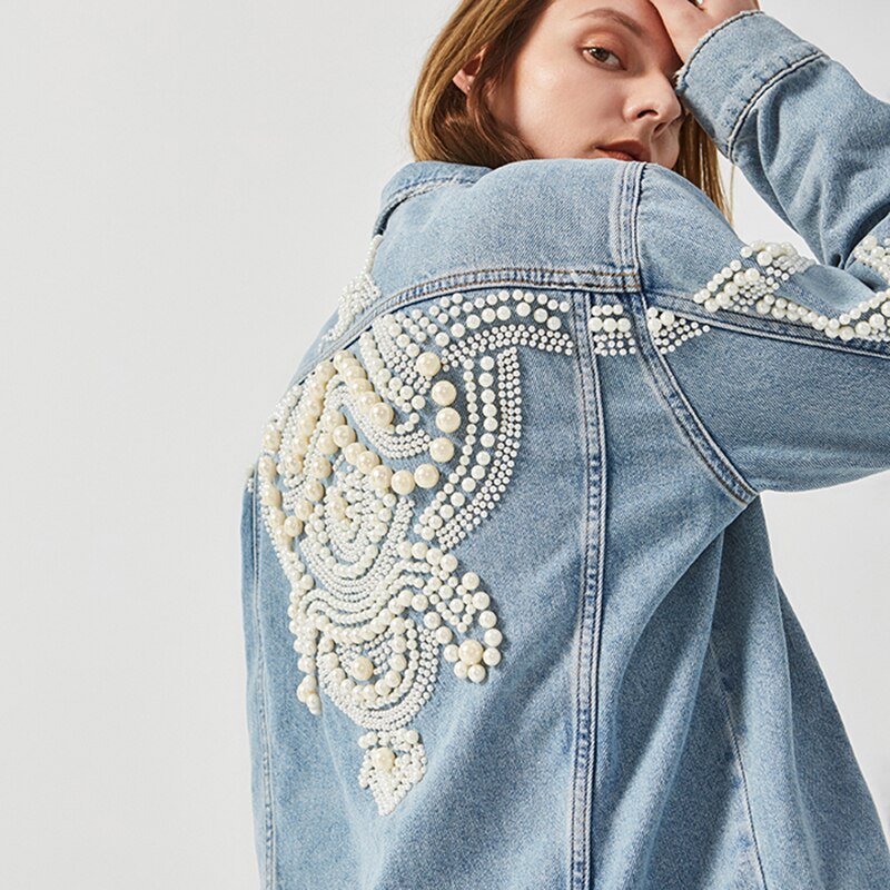 Embroidered Denim Jacket with Beading Design for Women - Vintage Long Sleeve Punk Outerwear