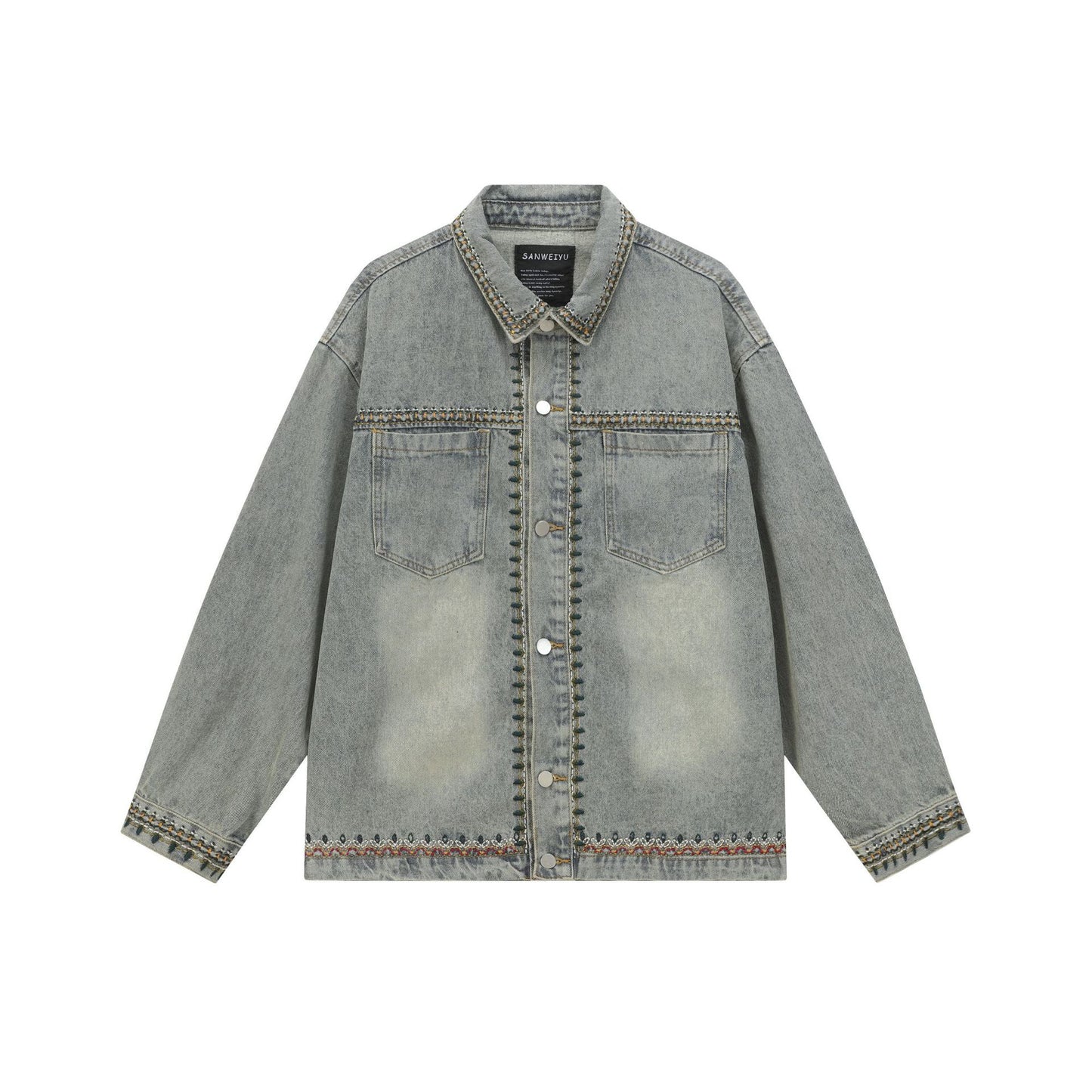 Lace Embroidery Loose Washed Denim Jacket for Men and Women