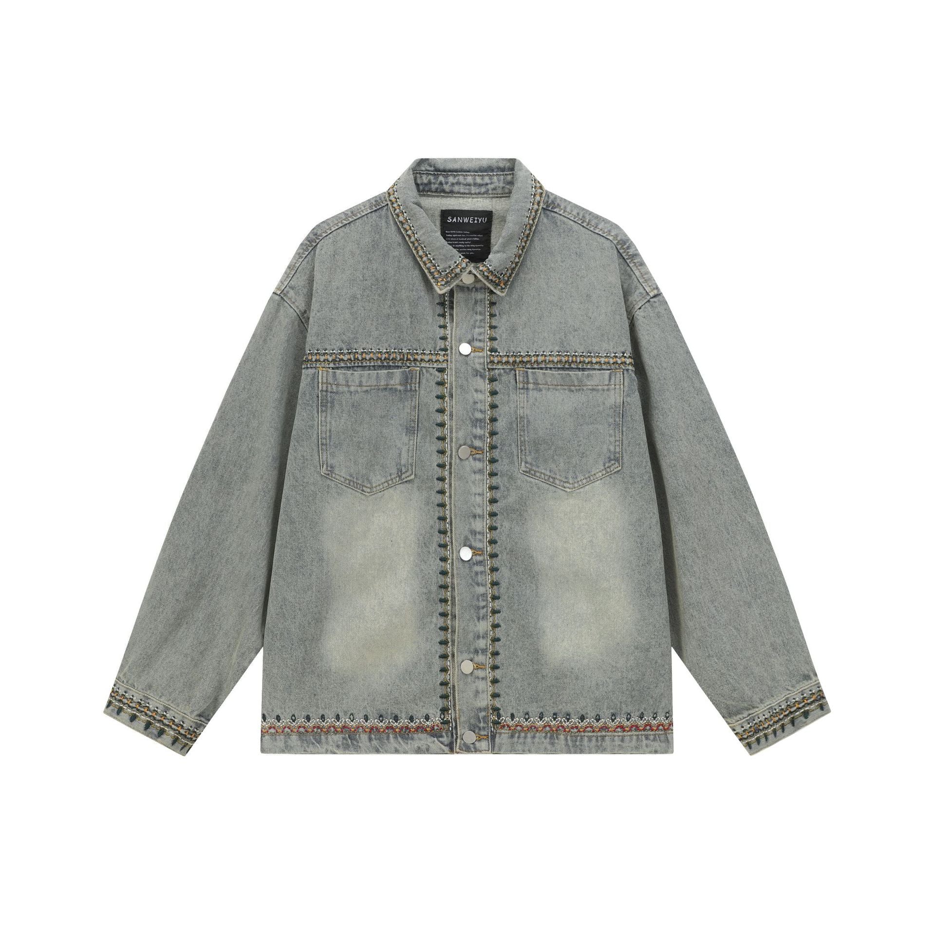 Lace Embroidery Loose Washed Denim Jacket for Men and Women