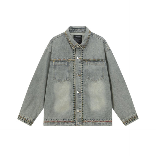 Lace Embroidery Loose Washed Denim Jacket for Men and Women