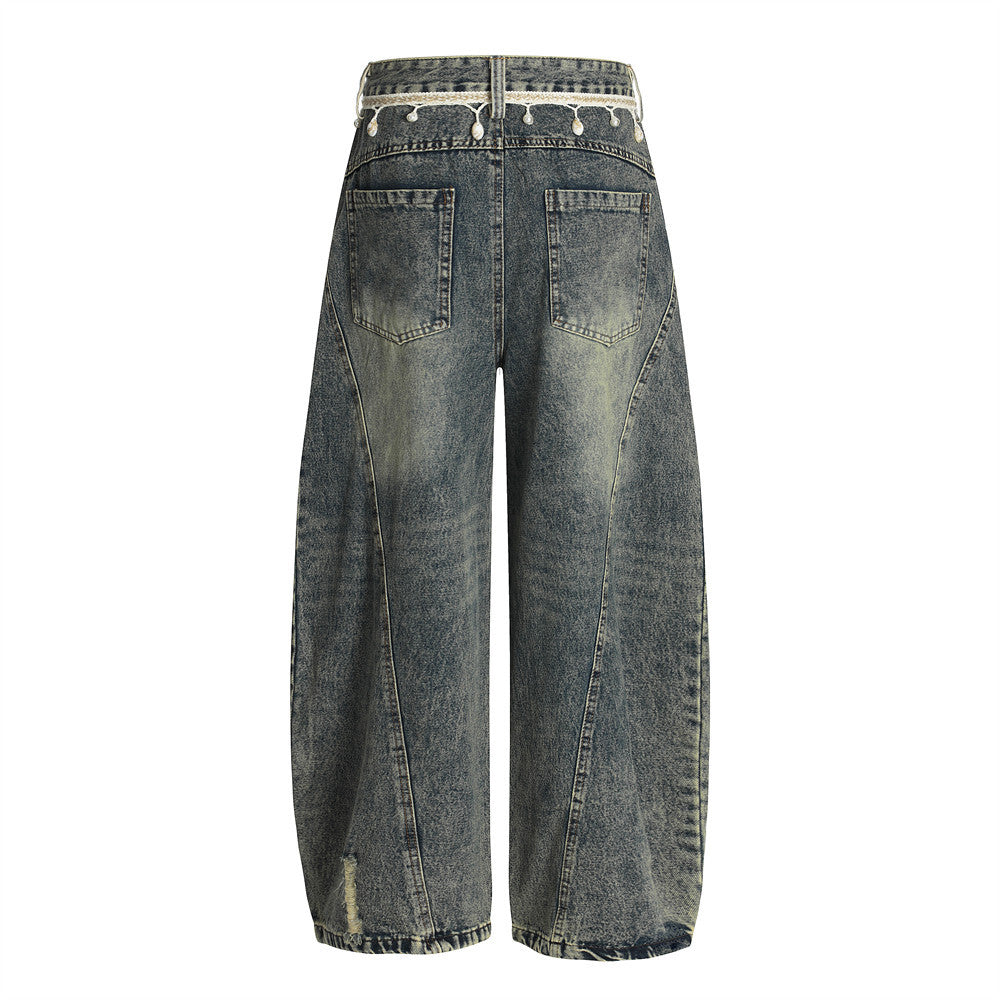 Punk Retro Washed Distressed Denim Wide-Leg Pants - Men's  Loose Fit Flared Trousers