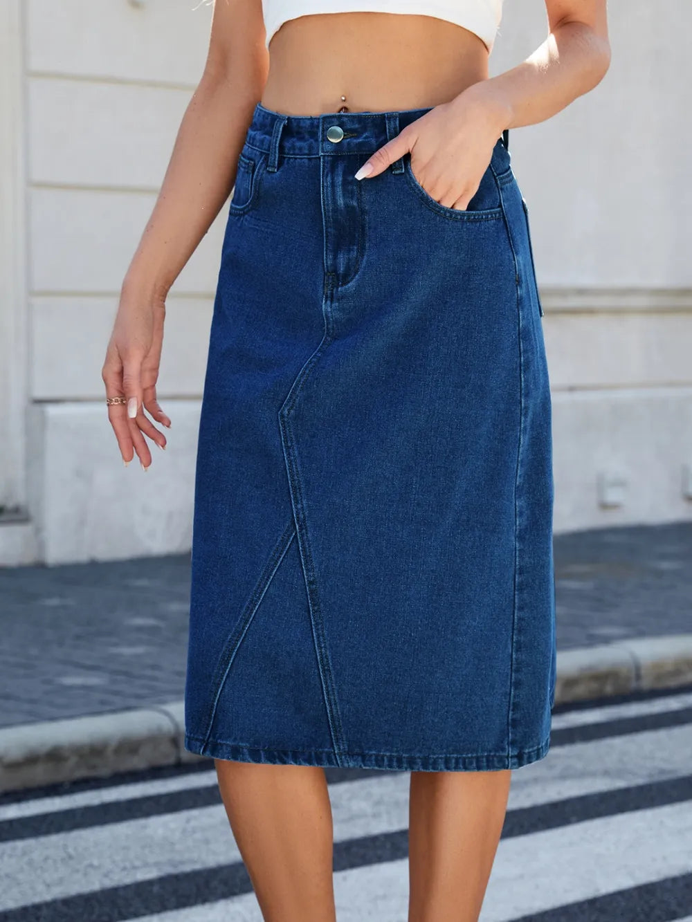 Luxury Japanese Denim Midi Skirt with Back Slit