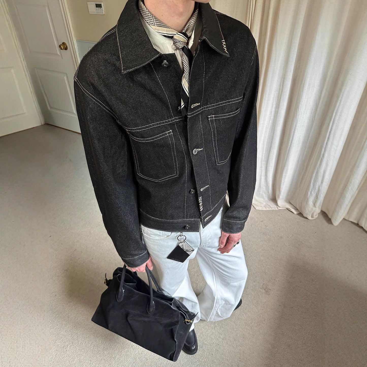 Short Wide Boxed Double Pocket Turn-Down Collar Denim Suit Jacket for Men and Women