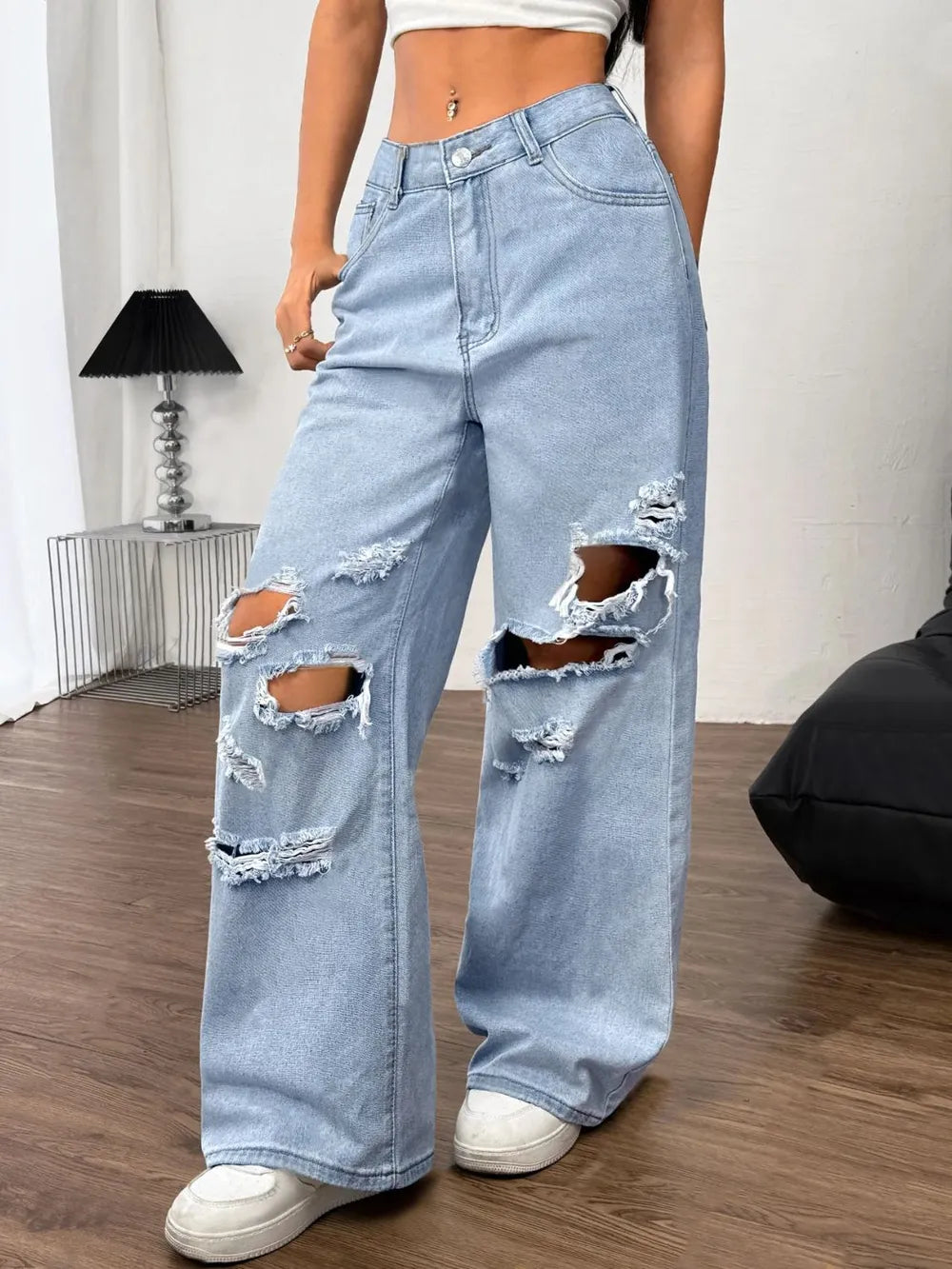 Ripped Wide Leg Jeans with Pockets - Premium Japanese Denim