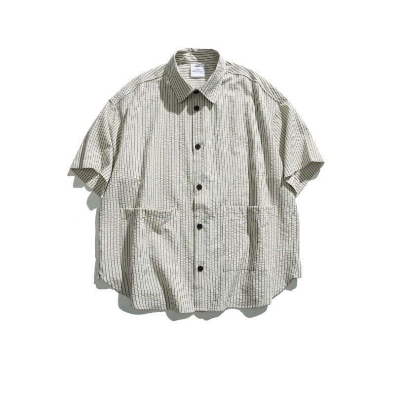 Large Pocket Striped Loose Casual Short Sleeved Shirt