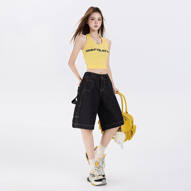 Color-Blocked Denim Pants for Women Casual Loose Straight Leg Capri Pants