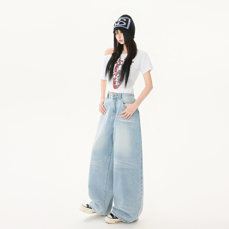 Washed Cat-Whisker Denim Pants for Women - Loose Drape Slimming Wide Leg
