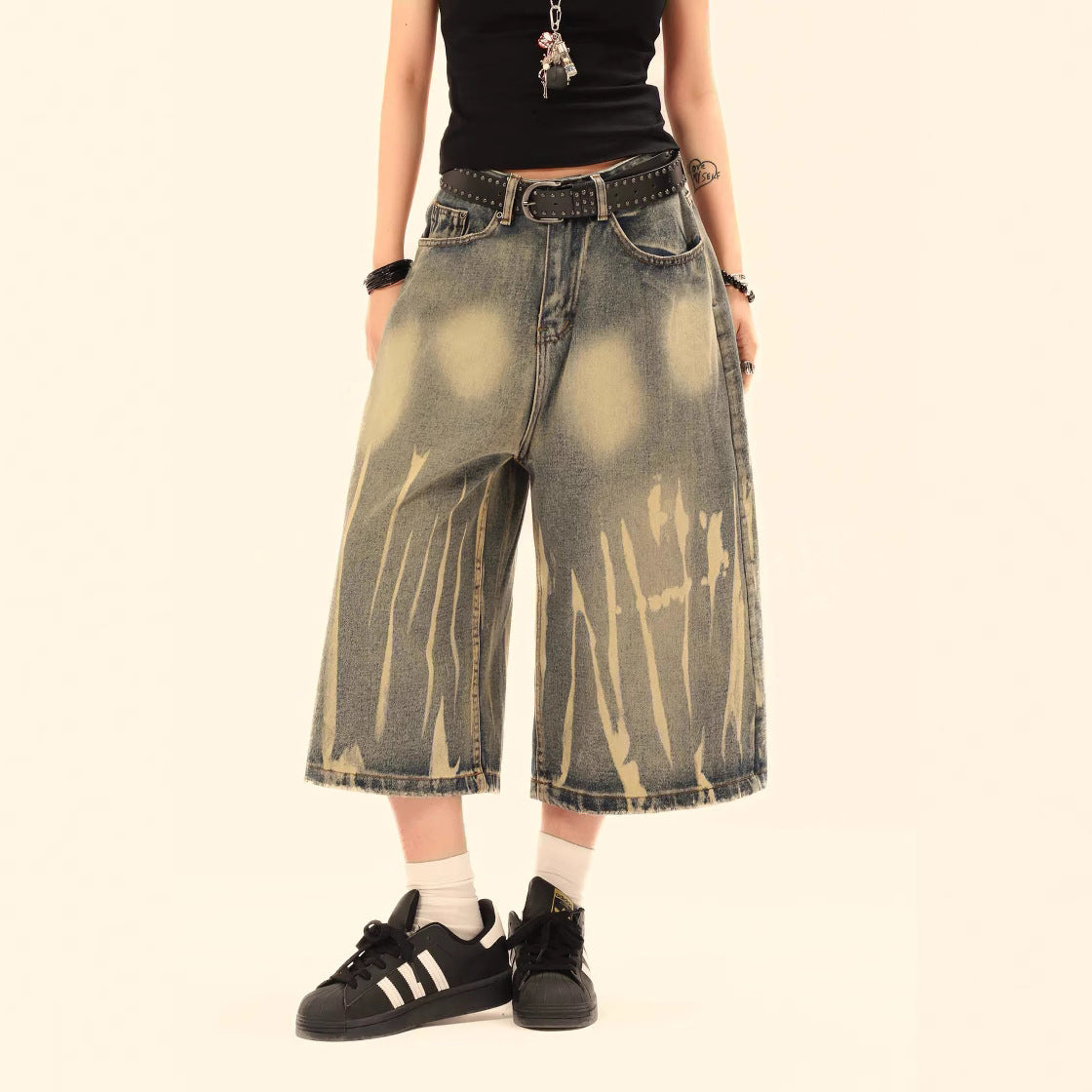 Retro Washed Distressed Denim Shorts - Unisex Loose Fit