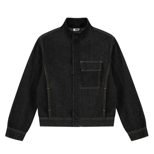 Vintage Washed Denim Jacket with Stand-Up Collar