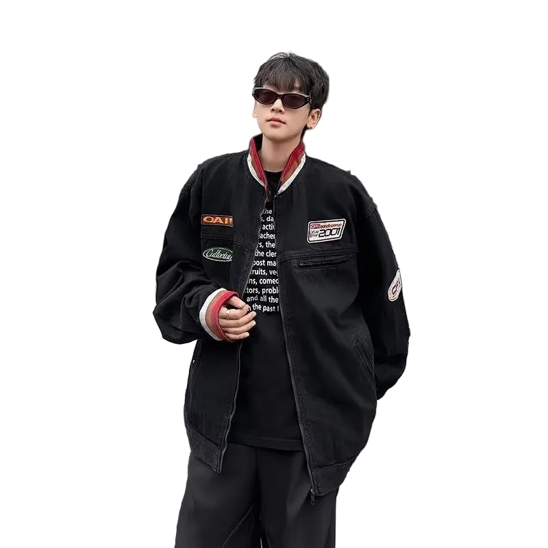 Vintage Stand Up Collar Couple Denim Jacket for Men