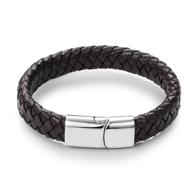 Men's Braided Leather Bracelet with Stainless Steel Magnetic Clasp