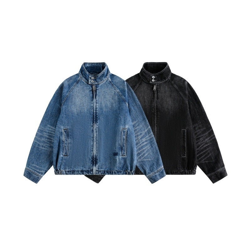Oversized Denim Jacket with Stand Collar
