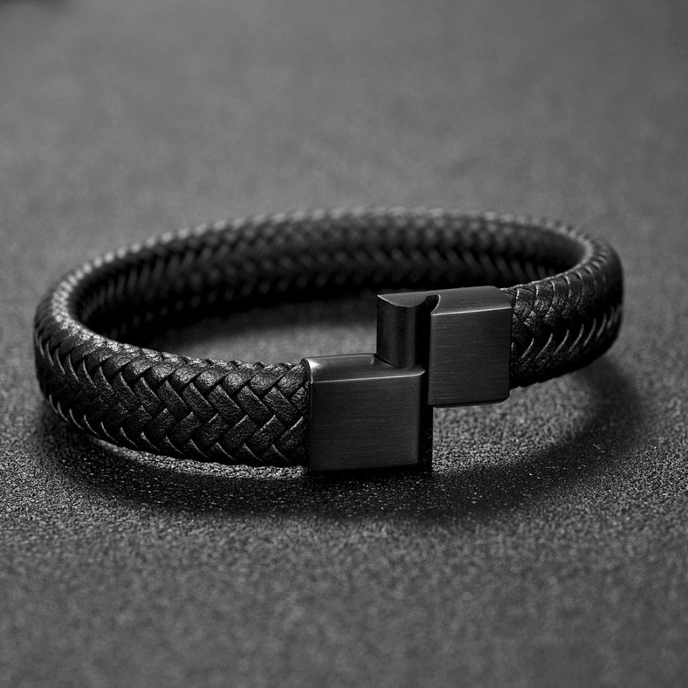 Men's Jewelry Black/Brown Braided Leather Bracelet with Stainless Steel Magnetic Clasp