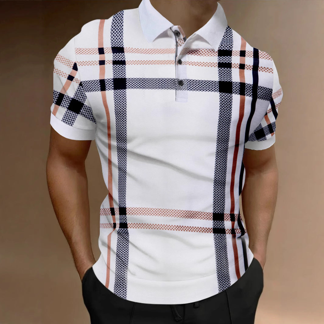 Geometric Pattern Printed Polo Shirt with Large Size Short Sleeves for Men