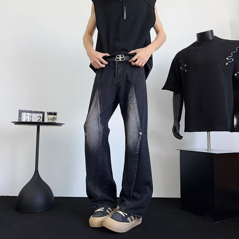 Small Niche Patchwork Design Washed Loose Wide Leg Pants