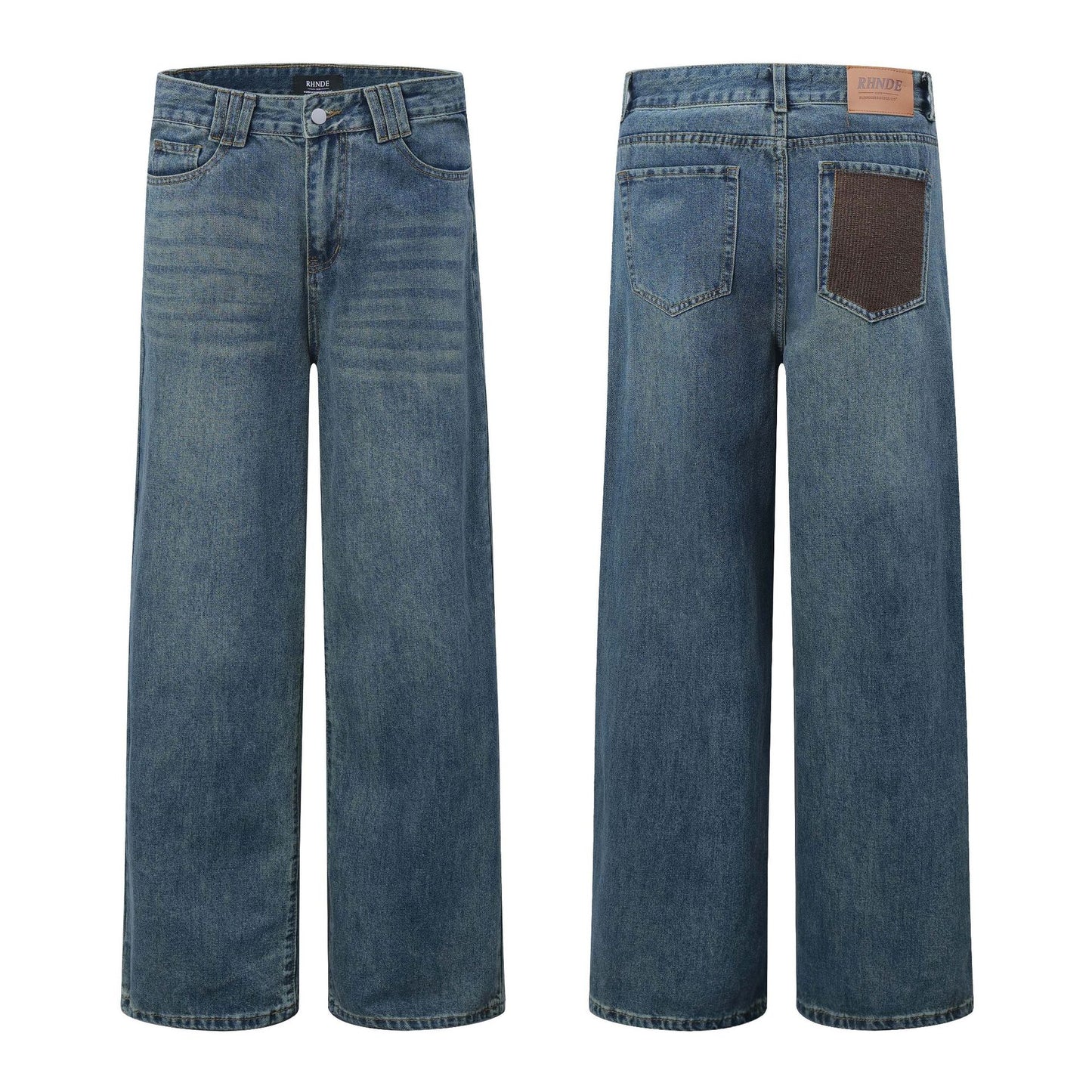 Washed Color-Blocked Versatile Denim Pants Unisex Loose Wide-Leg Straight Leg Long Trousers