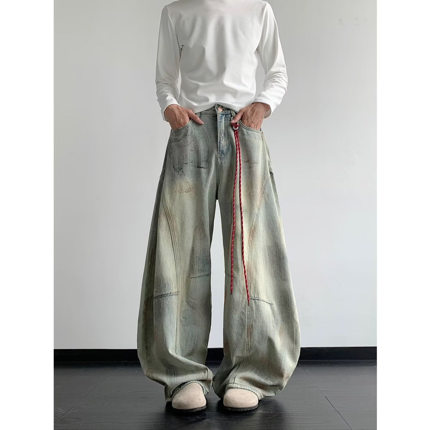 Old Deconstruction Curved Knife Denim Loose Wide Leg Pants