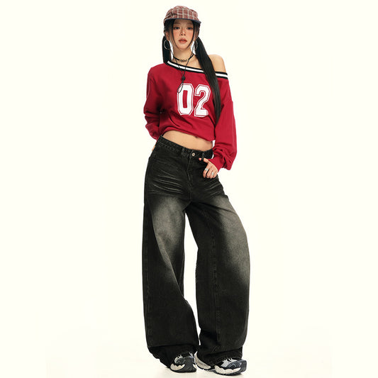 High Street Washed Loose High-Waisted Wide-Leg Jeans for Women