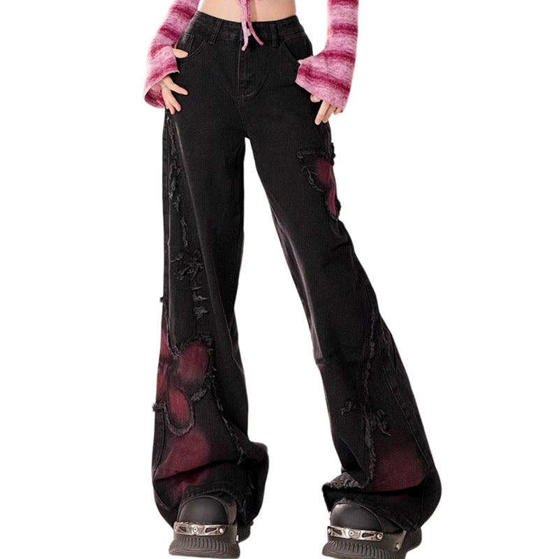 Washed Distressed Wide Leg Pants with Butterfly Pattern