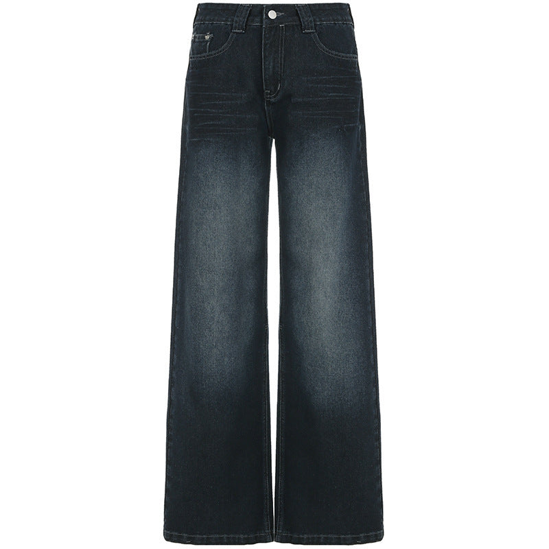 Street Retro Washed Dark Blue Loose Slim Wide Leg Pants
