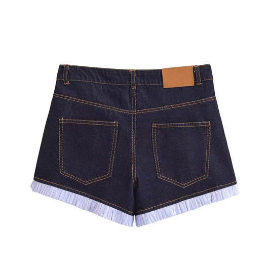 Splicing Lace & Visible Thread Decoration Casual Denim Shorts for Women