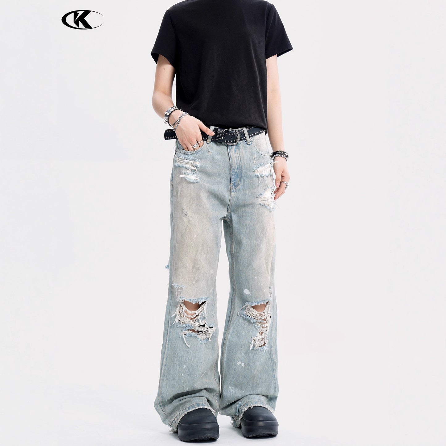 Water-Washed Loose Fringe Slim Fit Casual Long Trousers